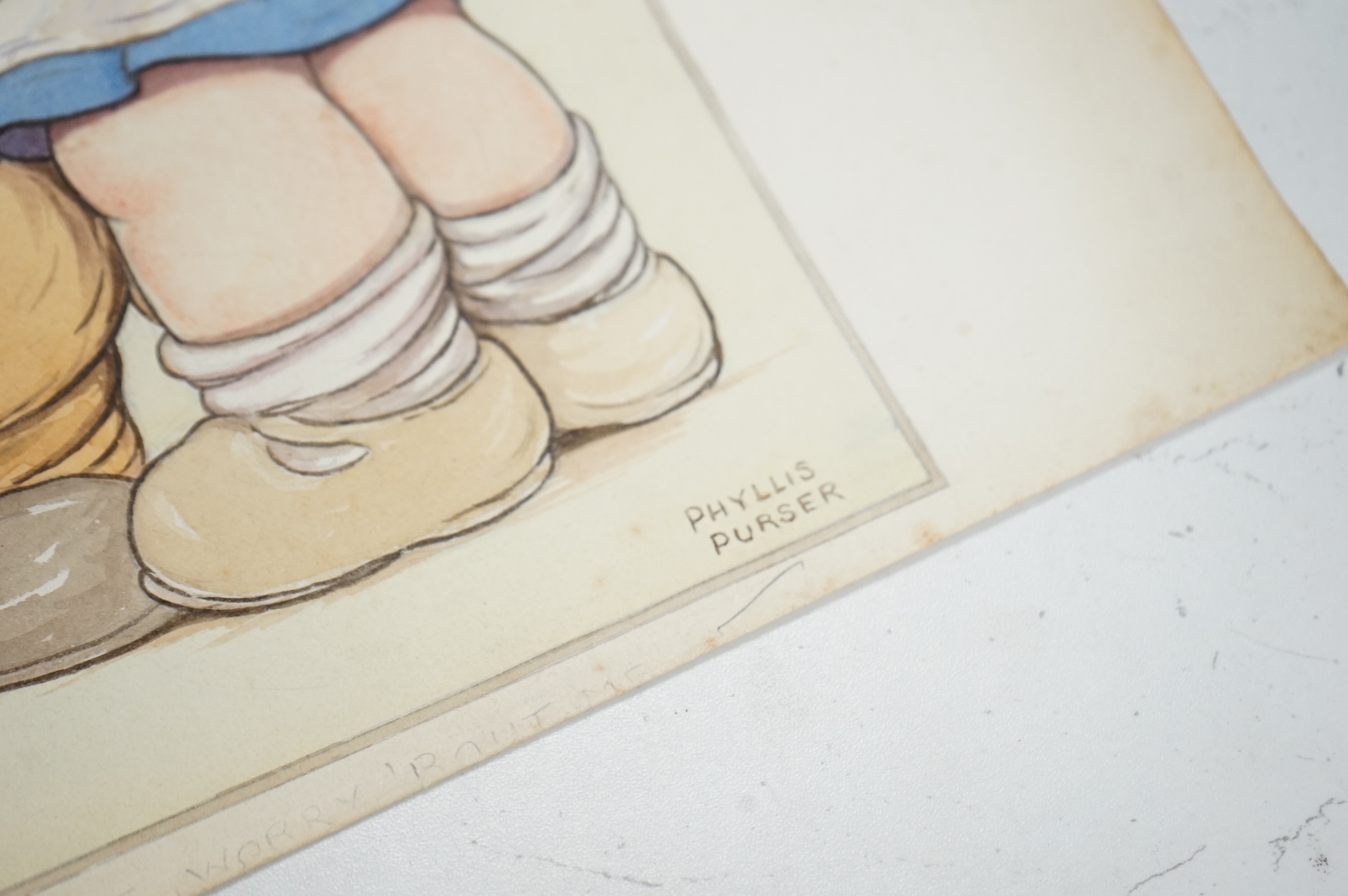 Phyllis Purser (1893-1990), a set of four original watercolours for children's postcard designs, WWII interest to include Kiss me Sergeant?’ And ‘Sailors Don’t Care’, each signed, unframed, 32 x 25cm